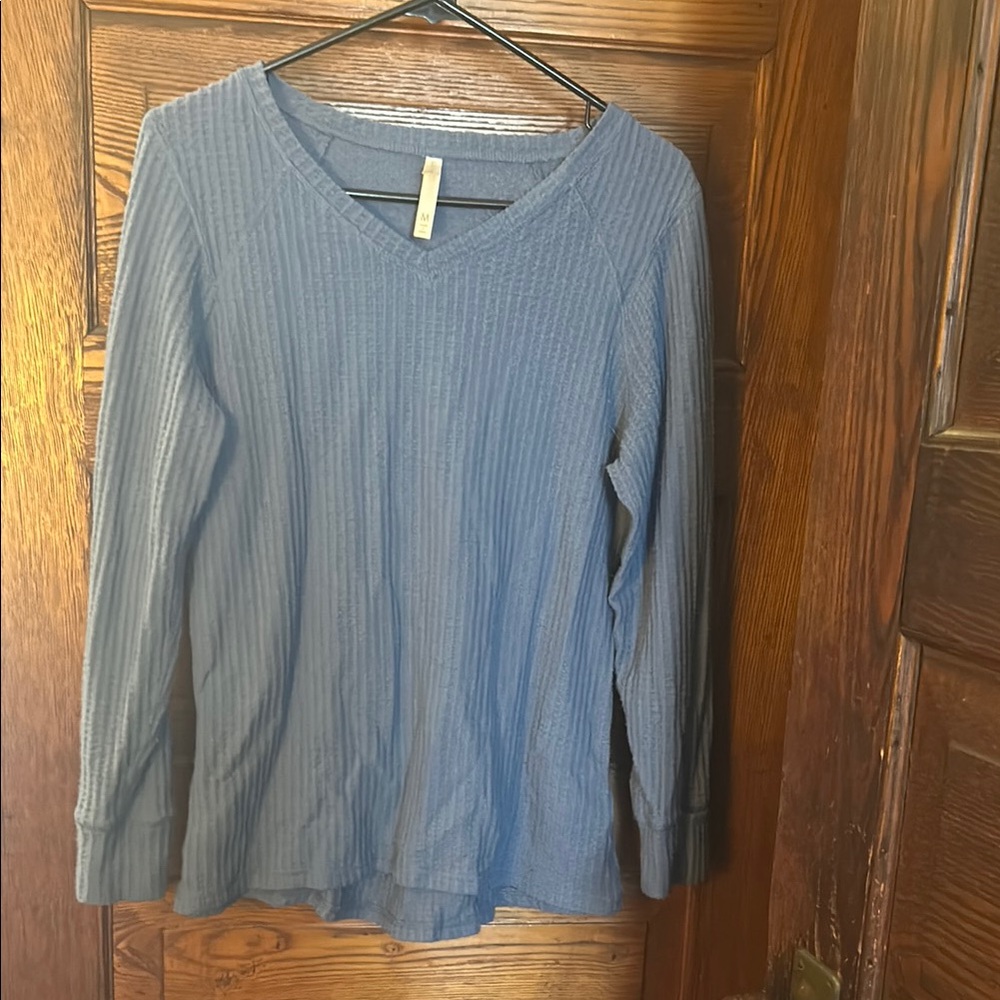 Blue waffle v-neck raglan Long Sleeve Top